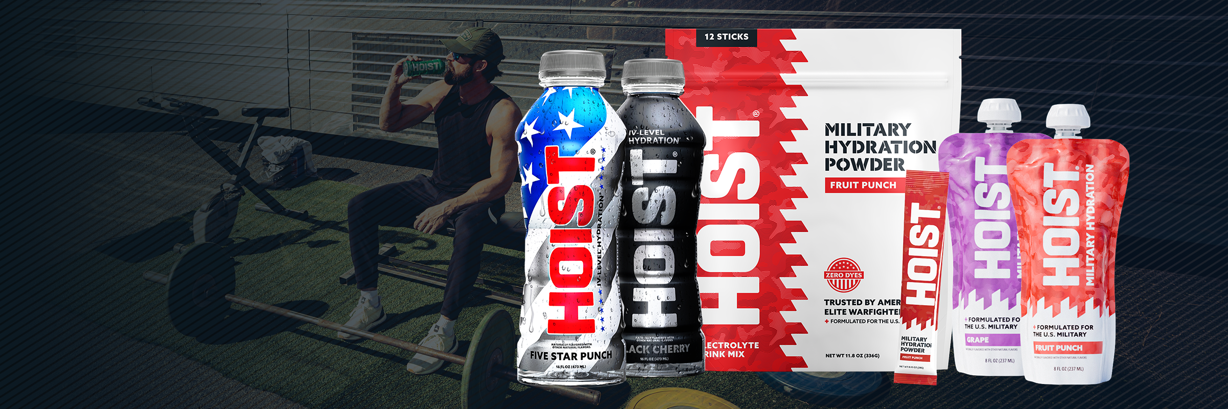 HOIST energy drinks and military hydration powder on a dark background with a person exercising.
