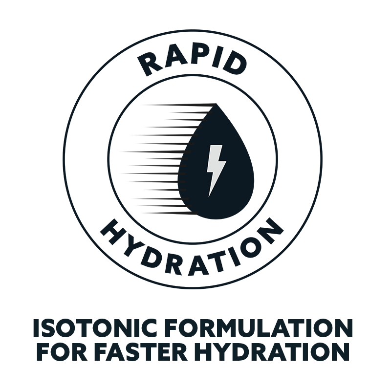 Logo for rapid hydration with a droplet and lightning bolt symbol on a white background.