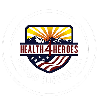 Logo with 'Health 4 Heroes' text, American flag, and mountain design on a white background