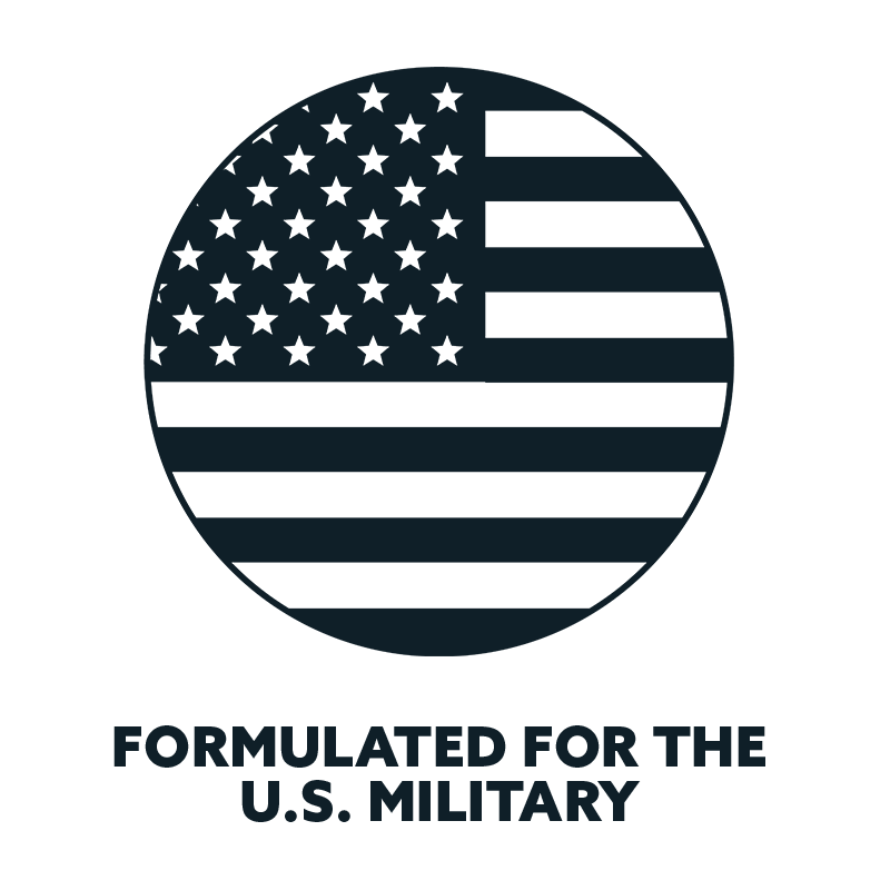 American flag in a circle with 'Formulated for the U.S. Military' text below on a white background