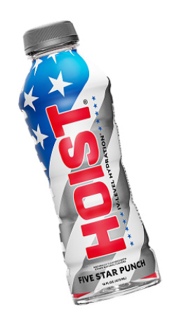 HOIST Five Star Punch energy drink bottle with American flag design on a white background