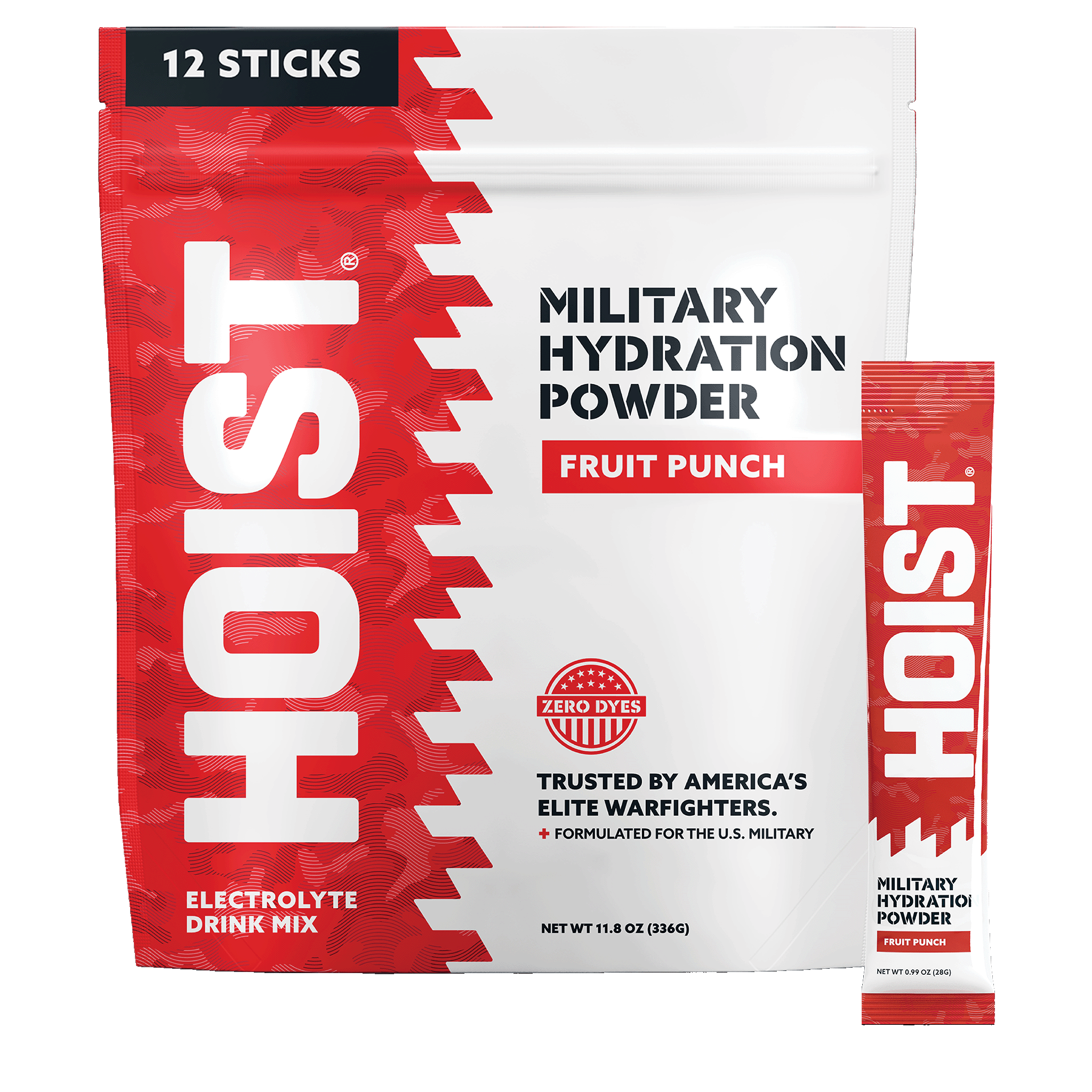 HOIST Military Hydration Powder package with fruit punch flavor on a white background