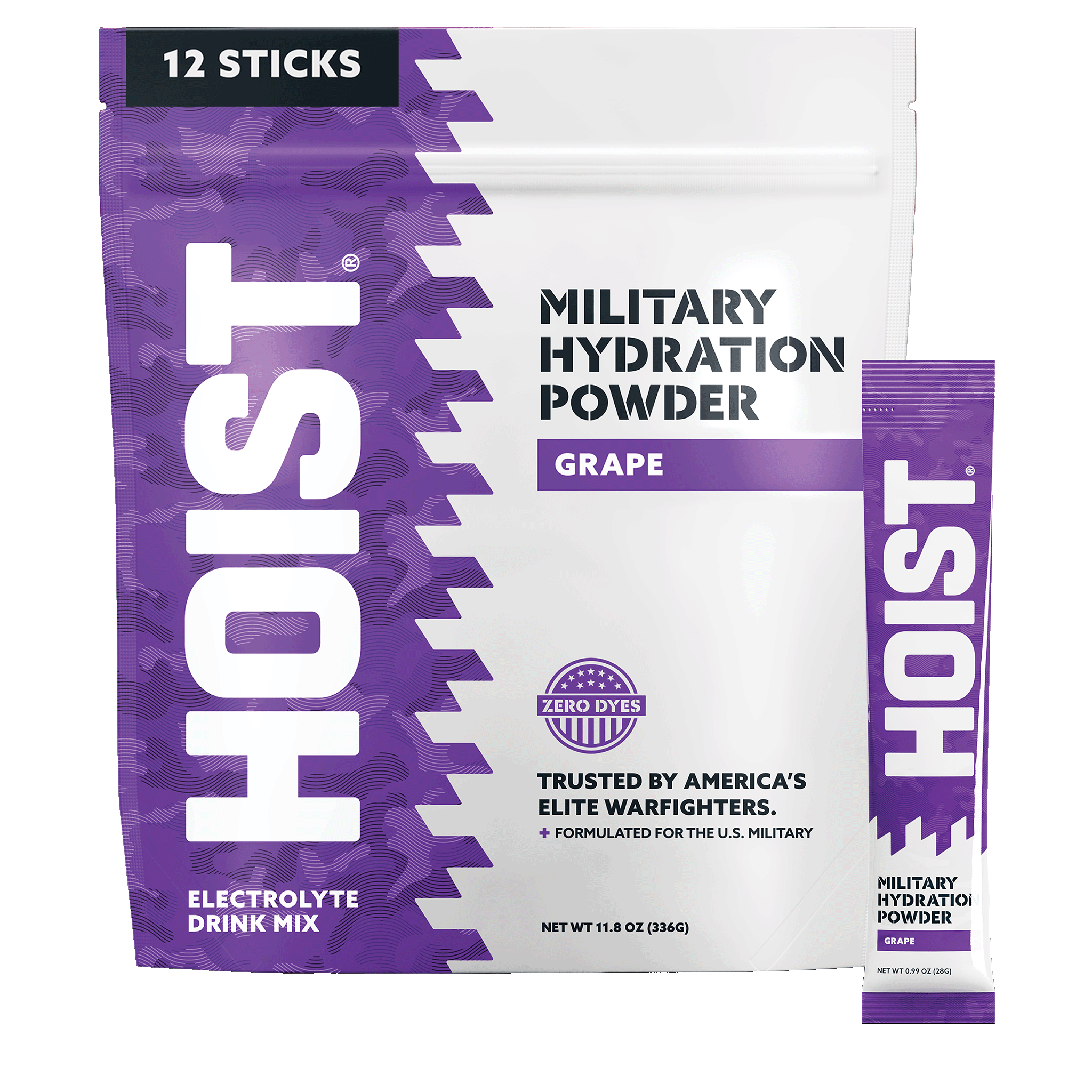 Purple package of Hoist Military Hydration Powder with a single stick pack on a white background