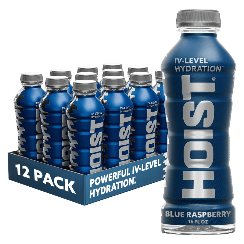 12-pack of Hoist IV-Level Hydration Blue Raspberry bottles on a white background