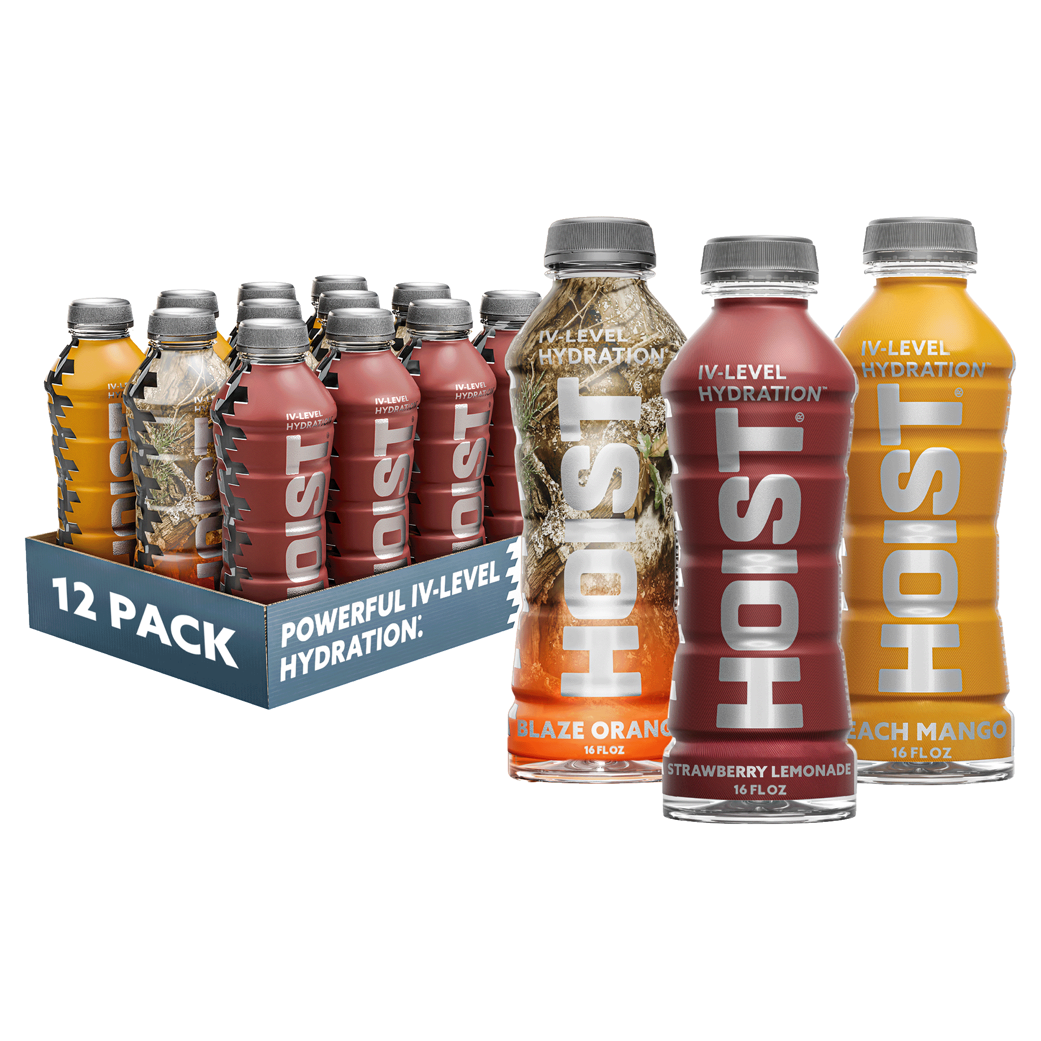 Assorted Hoist hydration bottles in various flavors with a 12-pack box on a white background.