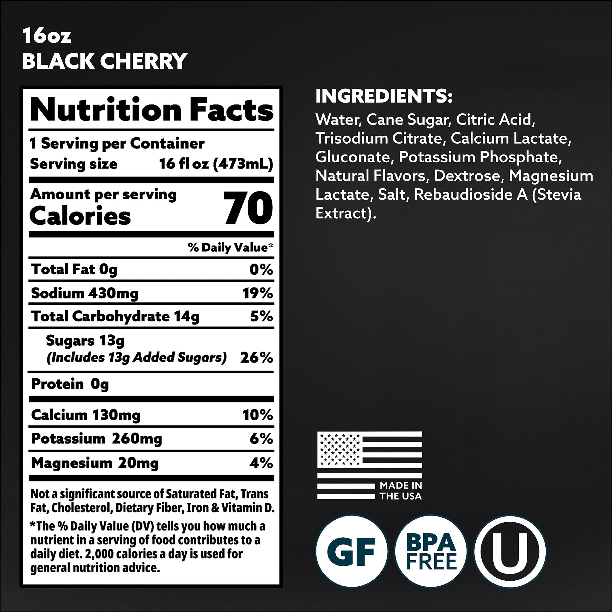 Nutrition facts and ingredients label for a 16oz black cherry product on a black background.