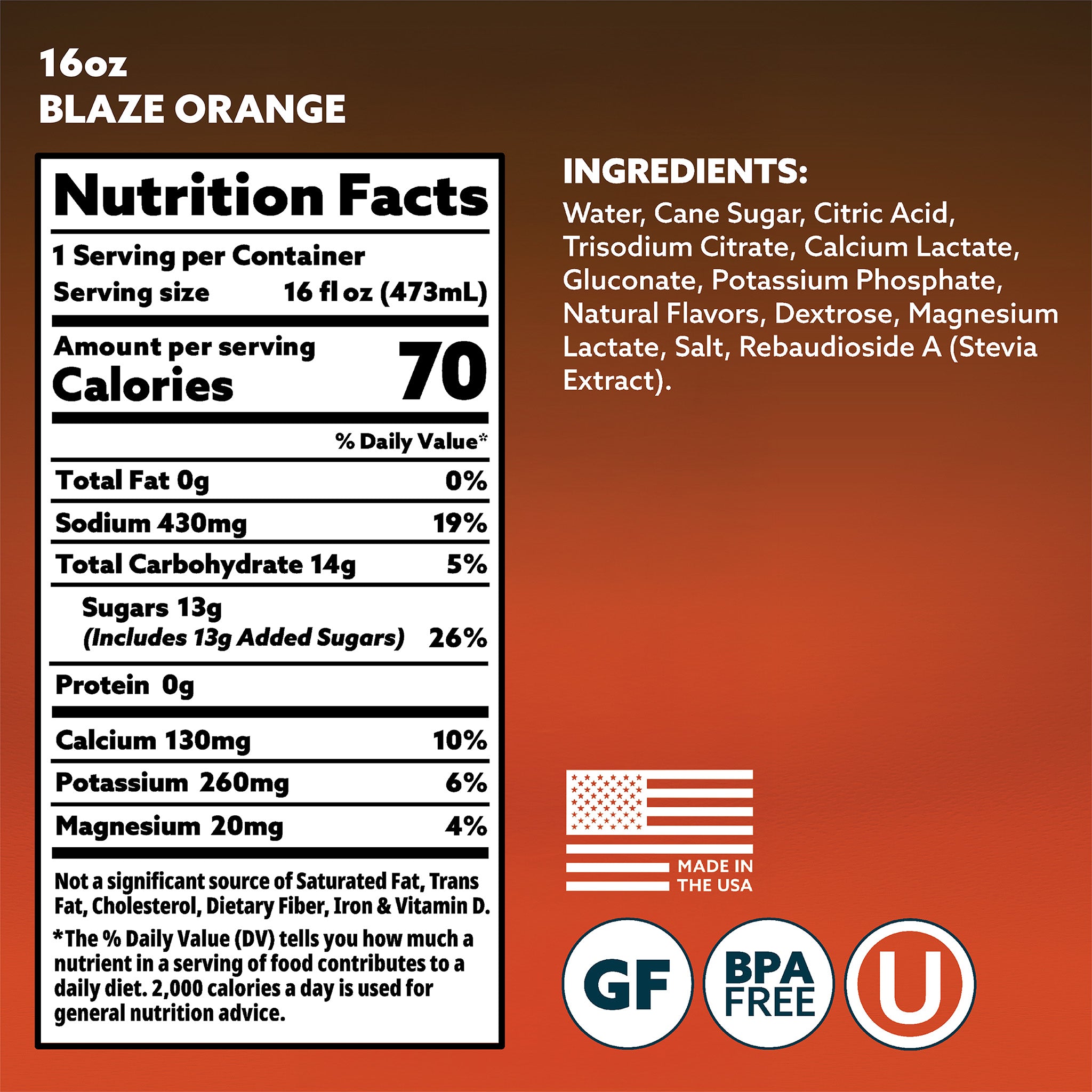 Nutrition facts label and ingredients list for a product with a brown background