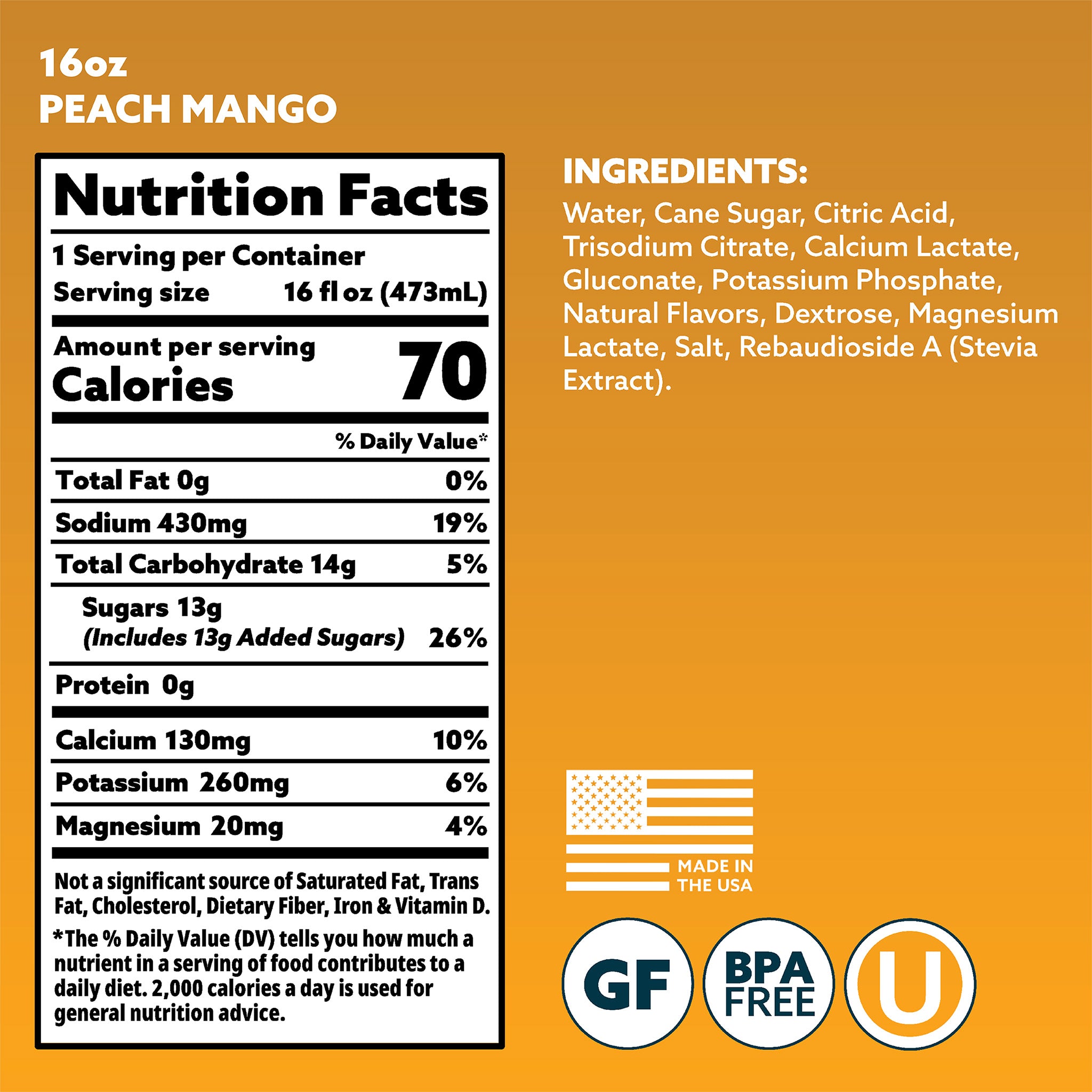 Nutrition facts label and ingredients list for peach mango product on a yellow background