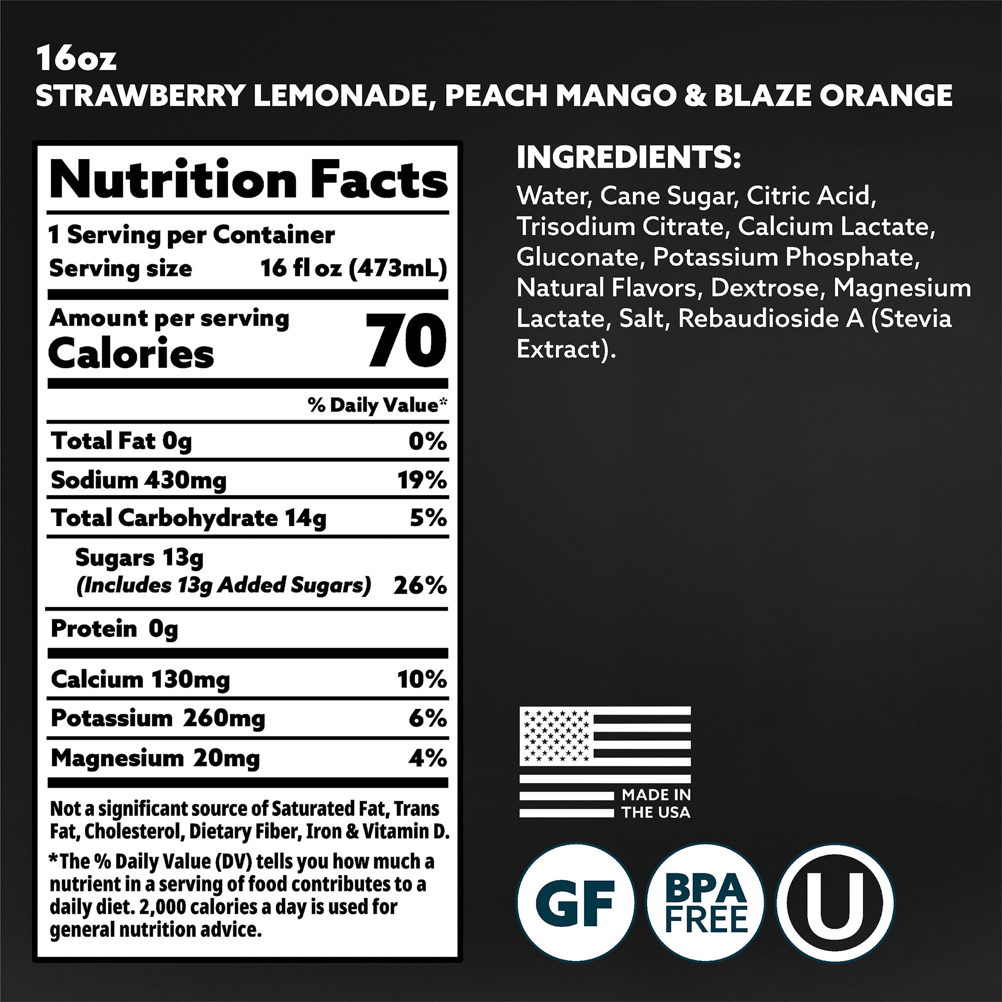 Nutrition facts label and ingredients list for a beverage with black background