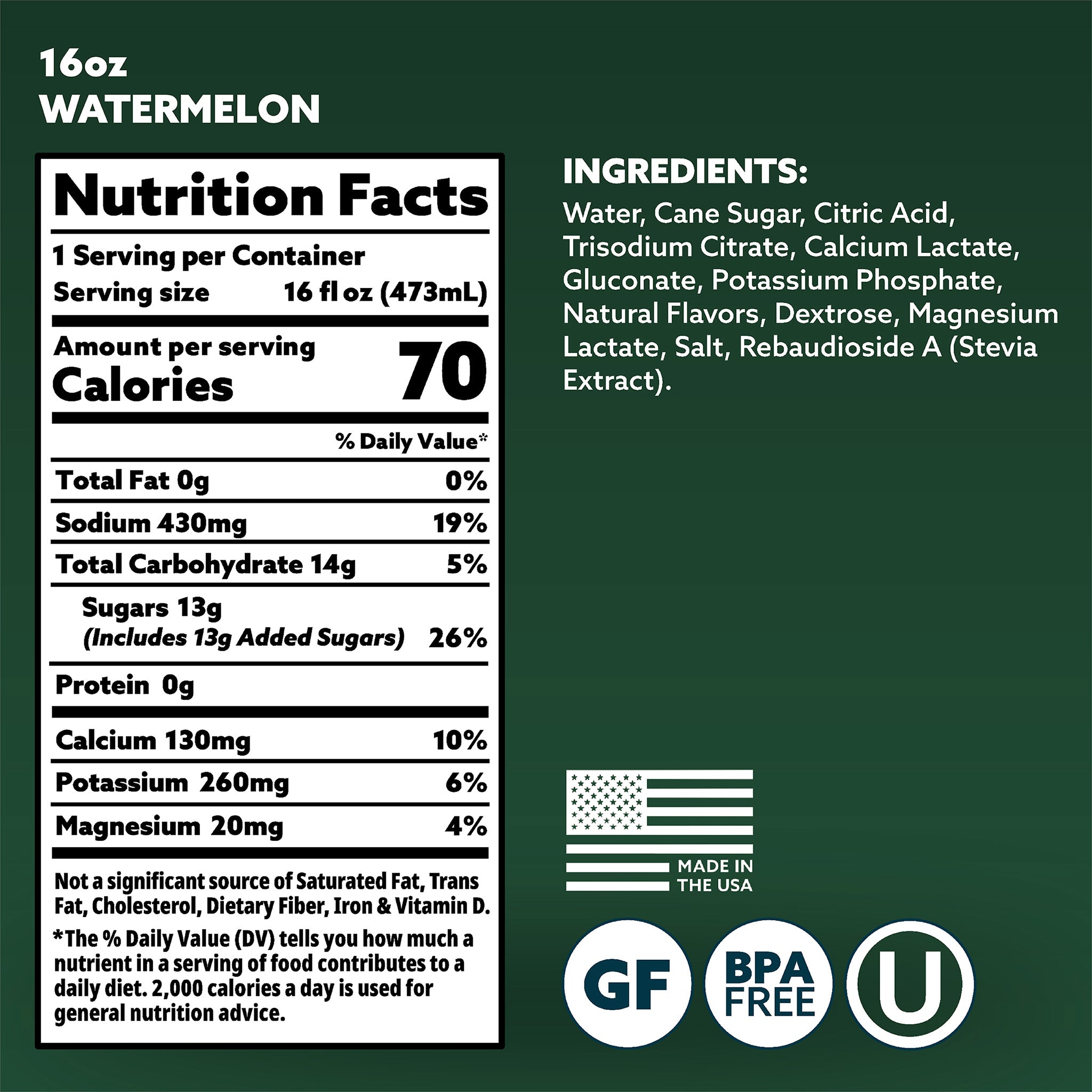 Nutrition facts label and ingredients list for a 16oz watermelon drink on a green background.
