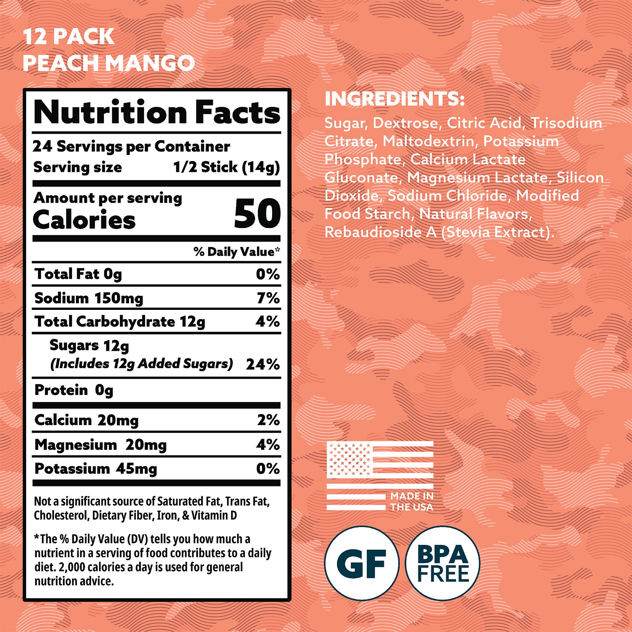 Nutrition facts label and ingredients list for peach mango flavored product on a pink background.