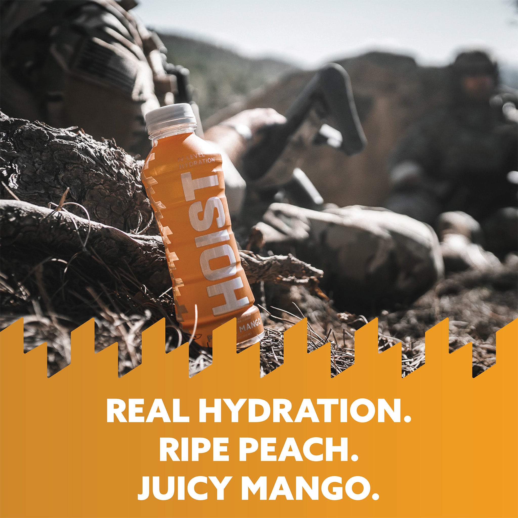 HOIST bottle with 'Real Hydration. Ripe Peach. Juicy Mango.' text on a rugged background