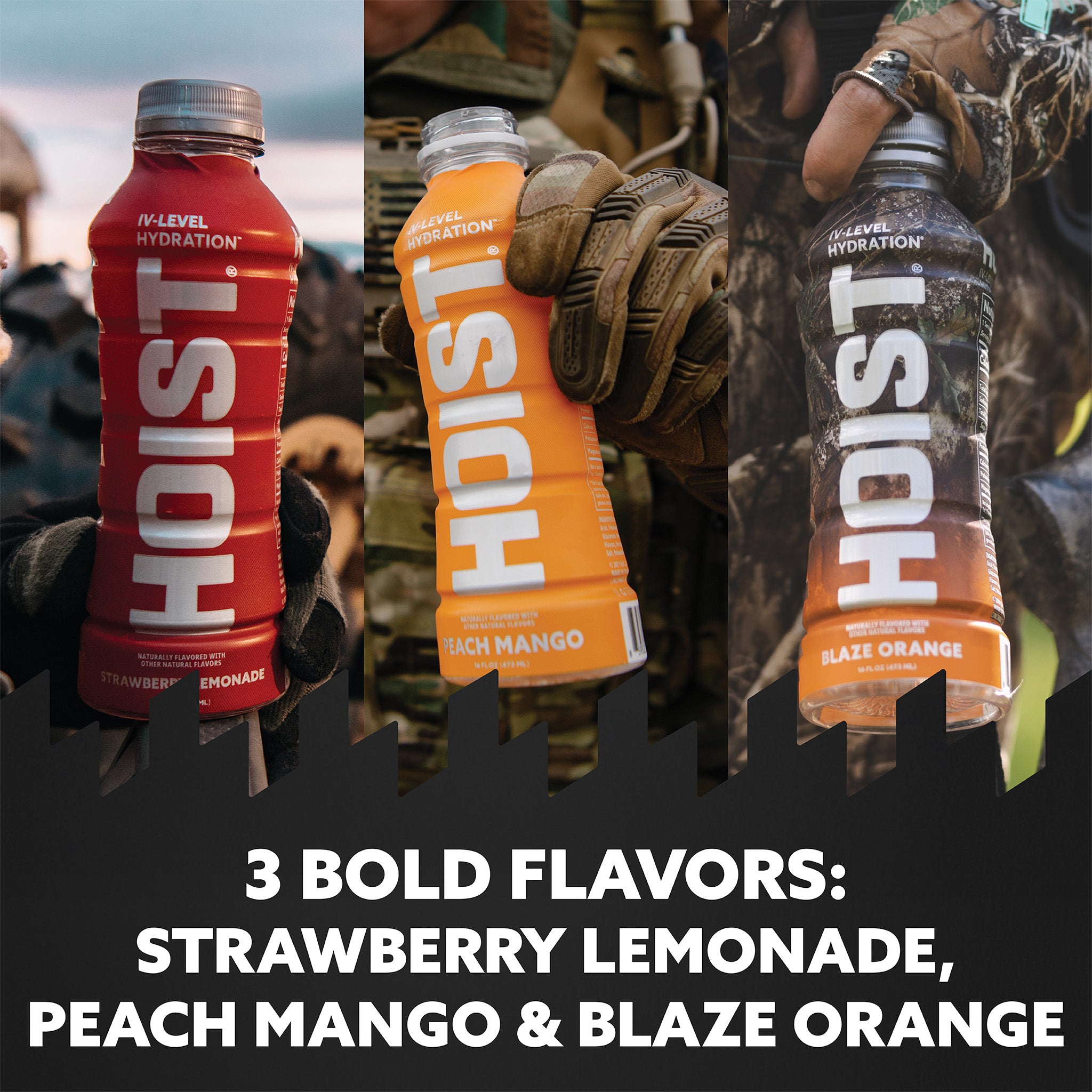 HOIST hydration bottles in red, orange, and blaze orange with text about flavors.
