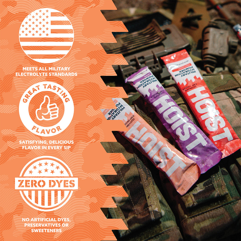 Three 'Hust' energy stick packages on a camouflage background with promotional text.