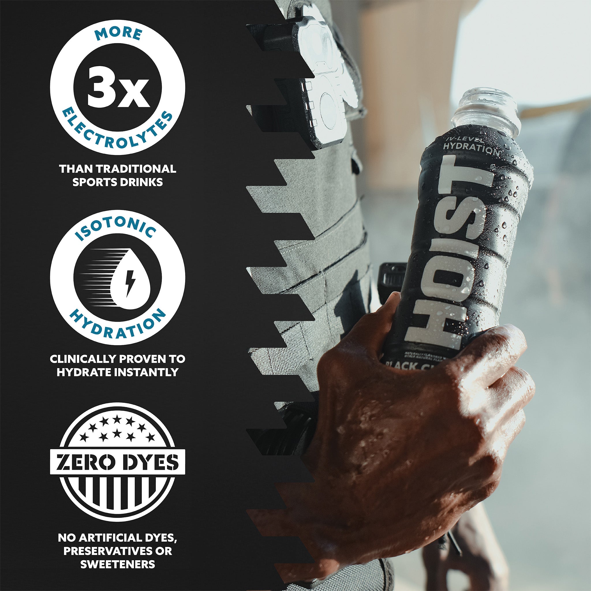 Person holding a bottle of HOIST electrolyte drink with product features highlighted on a black background.