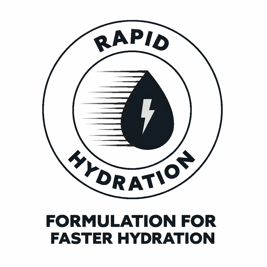 Logo for rapid hydration formulation with a black droplet and lightning bolt on a white background.